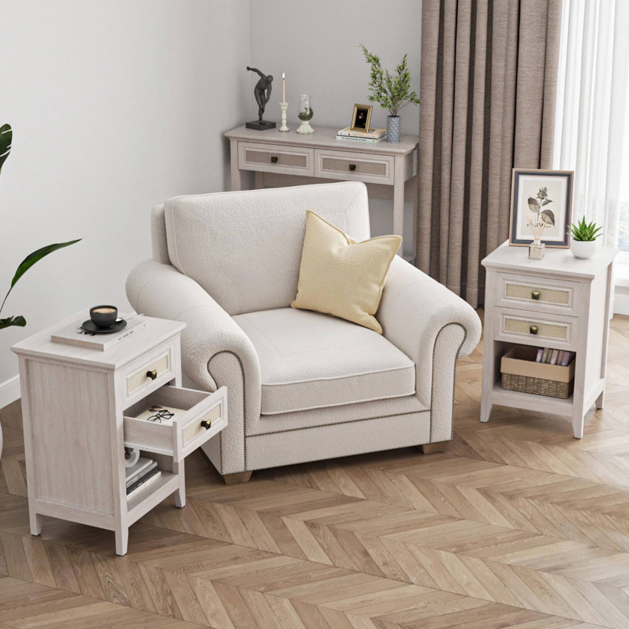 CozyHome Boho Rattan Wood Accent Nightstand with Drawer Set of 2, 27" Tall End Table with Storage, Grayish White Bedside Table, Chairside Couch Coffee Table Nursery Living Room Bedroom Furniture