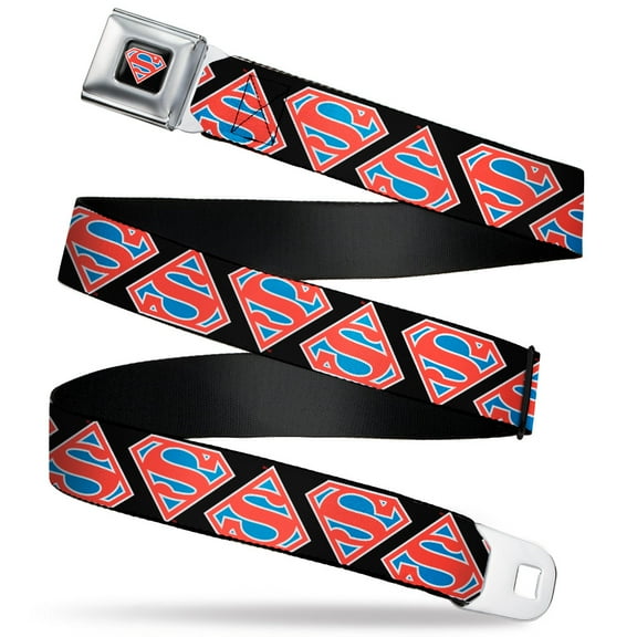 DC Comics Belt, Seatbelt Buckle Belt, Superman Shield Flip Americana Black White Red Blue, 24 to 38 Inches