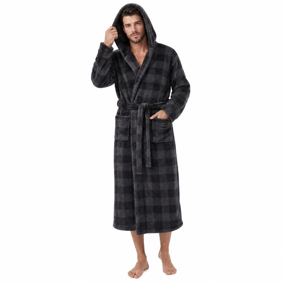 VULCANODON Mens Robe with Hood, Fleece Bathrobe Plush Robes for Men(Buffalo Plaid-Grey,Large-X-Large)