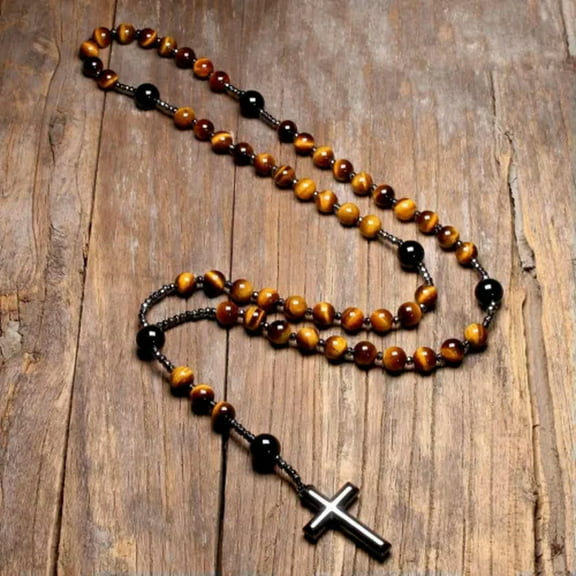 EOEMY Tiger'S Eye Rosary Beads Catholic Christ Hematite Cross Pendant Healing Necklace