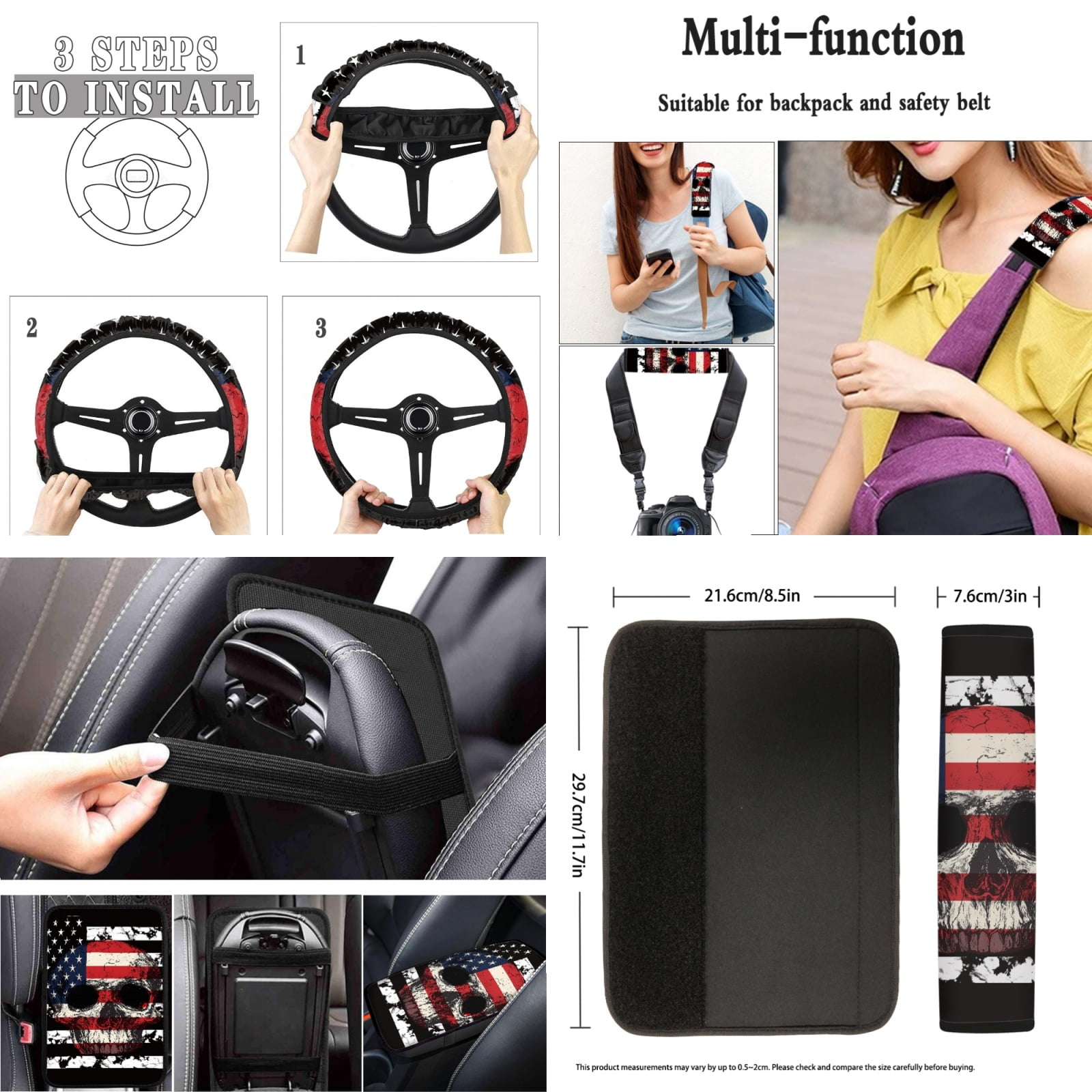 Jeiento American Flag Car Seat Cover Full Set for Men Woman Car Floor Mats Steering Wheel Cover Keychains Seatbelt Pad Armrest Cover Coasters Skeleton Lipstick Holder Interior Auto Accessory 17pcs