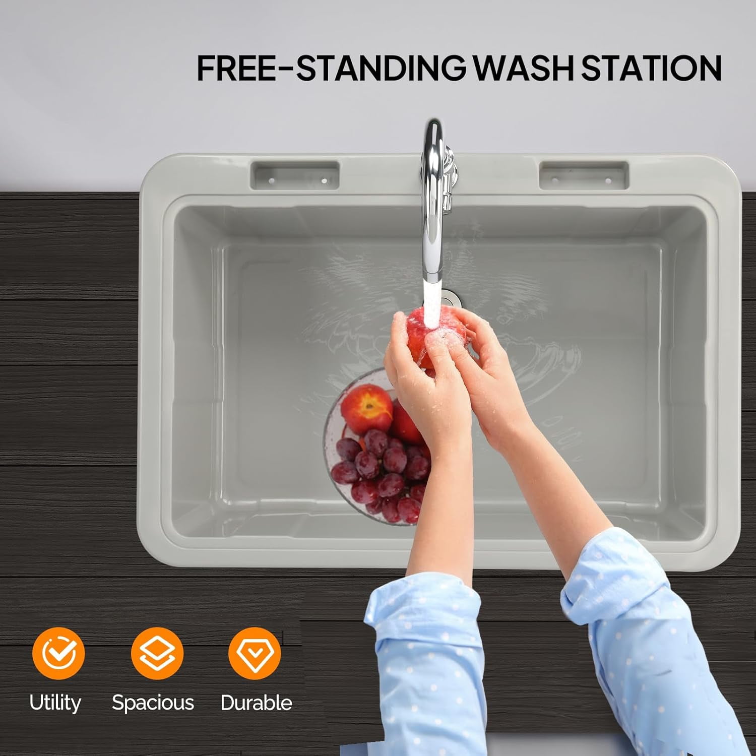 ROVSUN 20-Gallon Black Plastic Utility Sink with Hot & Cold Faucet, 150lbs Load Capacity, Upgraded Height & Version, Use for Laundry Room, Garage, Garden, Basement, 32.3’’L×22.4’’W×36.2’’H (Grey)