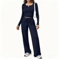 thumbnail image 4 of OIOLOYJM Two Piece Sets for Women Flowy Dressy Lounge Set Fashion Long Sleeve Cropped Tops Wide Leg Drawstring Pants Casual Outfits Spring Summer Vacation Travel Tracksuit Dark Blue M, 4 of 4