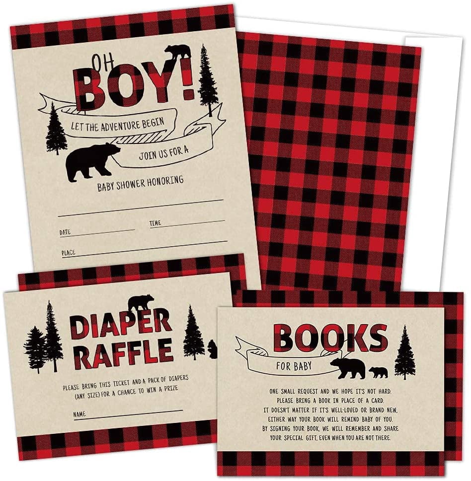 Set of 25 Lumberjack Baby Shower Invitations, Diaper Raffle Tickets, Book  Request Cards with Envelopes | Boy Baby Shower Invitations, Woodland Baby  Shower Invitations, Bear Baby Shower Supplies - Walmart.com
