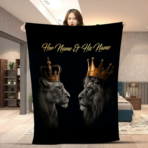 Personalized King And Queen Lion Blanket – Custom Name Couple Throw Blanket, His and Her Gift, Crown Lion Cozy Fleece & Sherpa Decor, Anniversary Gift for Husband and Wife