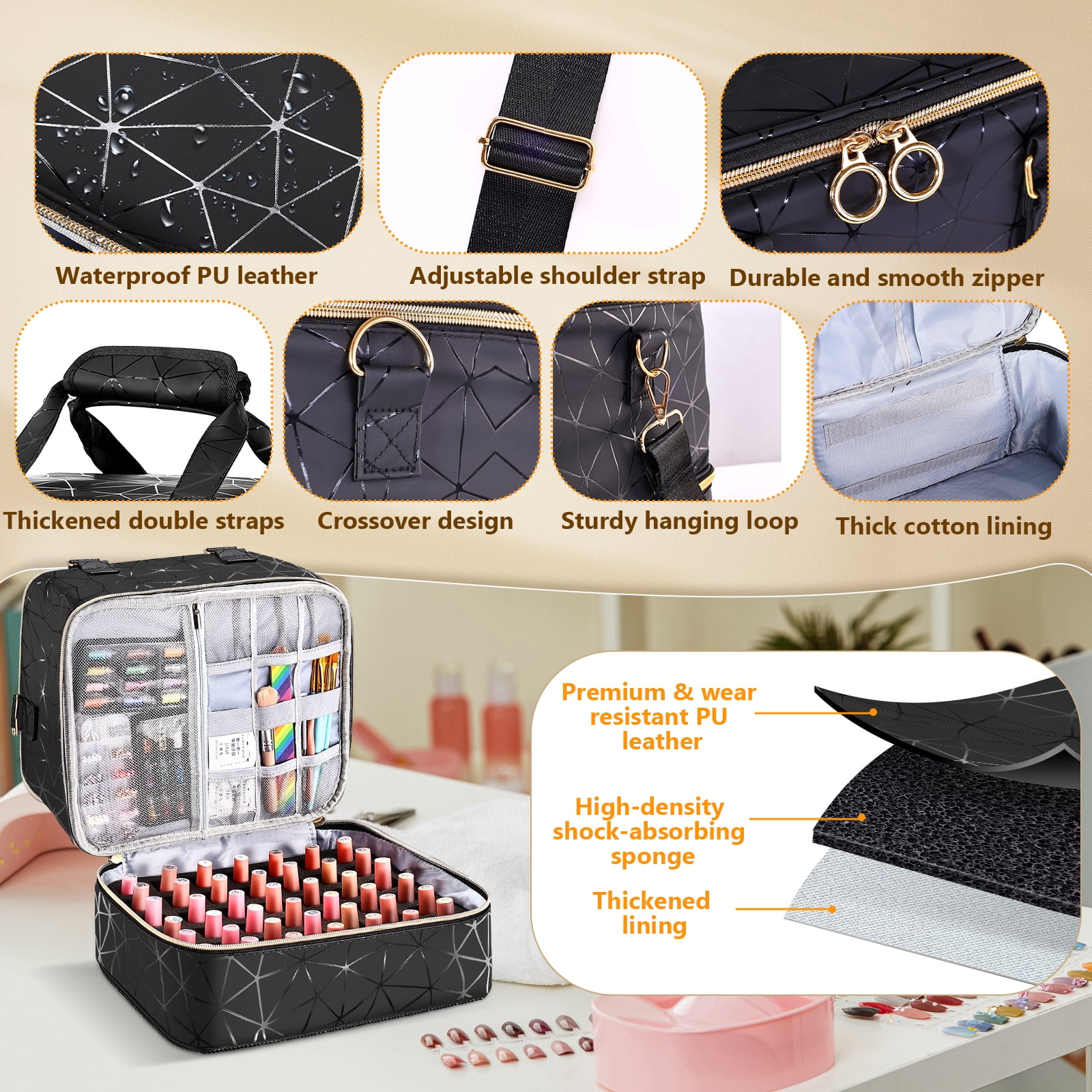 YAYUFN Nail Bag Organizer Case Holds 84 Bottles(15ml/0.5fl.oz) ,3 Layers PU Leather Nail Supplies Storage Organizer Bag,Large Shoulder Strap Nail Polish Holder Travel Carrying Case,Black