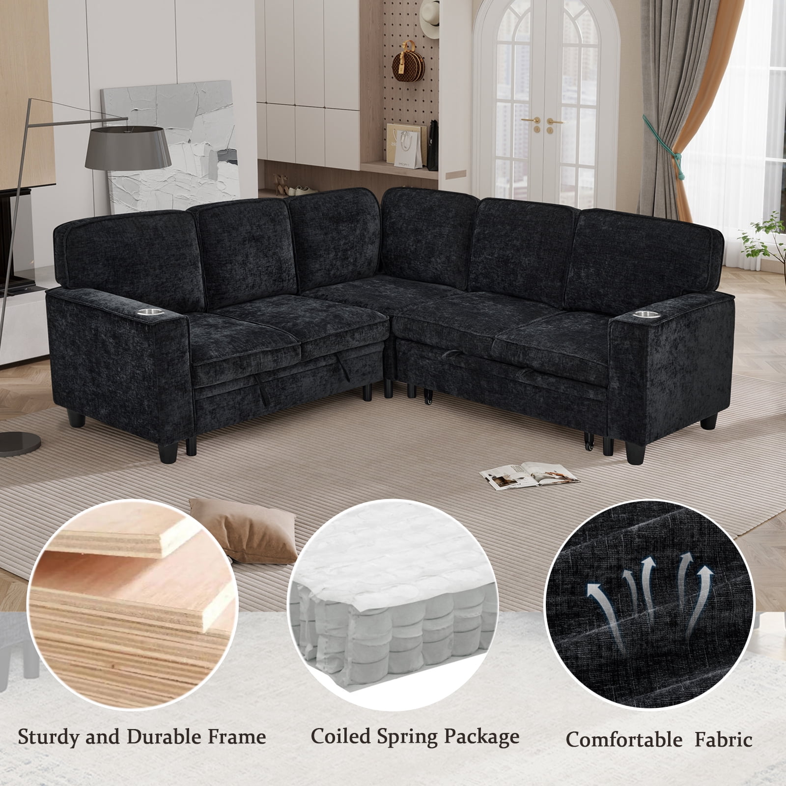 Aukfa Sectional Sleeper Sofa Bed w/Storage Seat, L Shaped Modular Sectional Sofa with USB Ports and Cup Holders for Living Room, Black