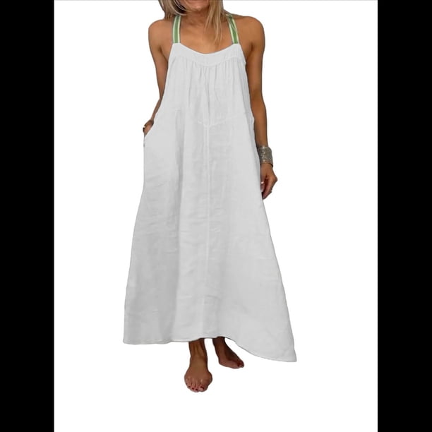 Vestido de Algodón de Verano para Mujer, Estilo Bohemio, Informal, con Tirantes Finos Ajustables, Espalda Descubierta y Volantes, Corte Holgado y Fluido. L