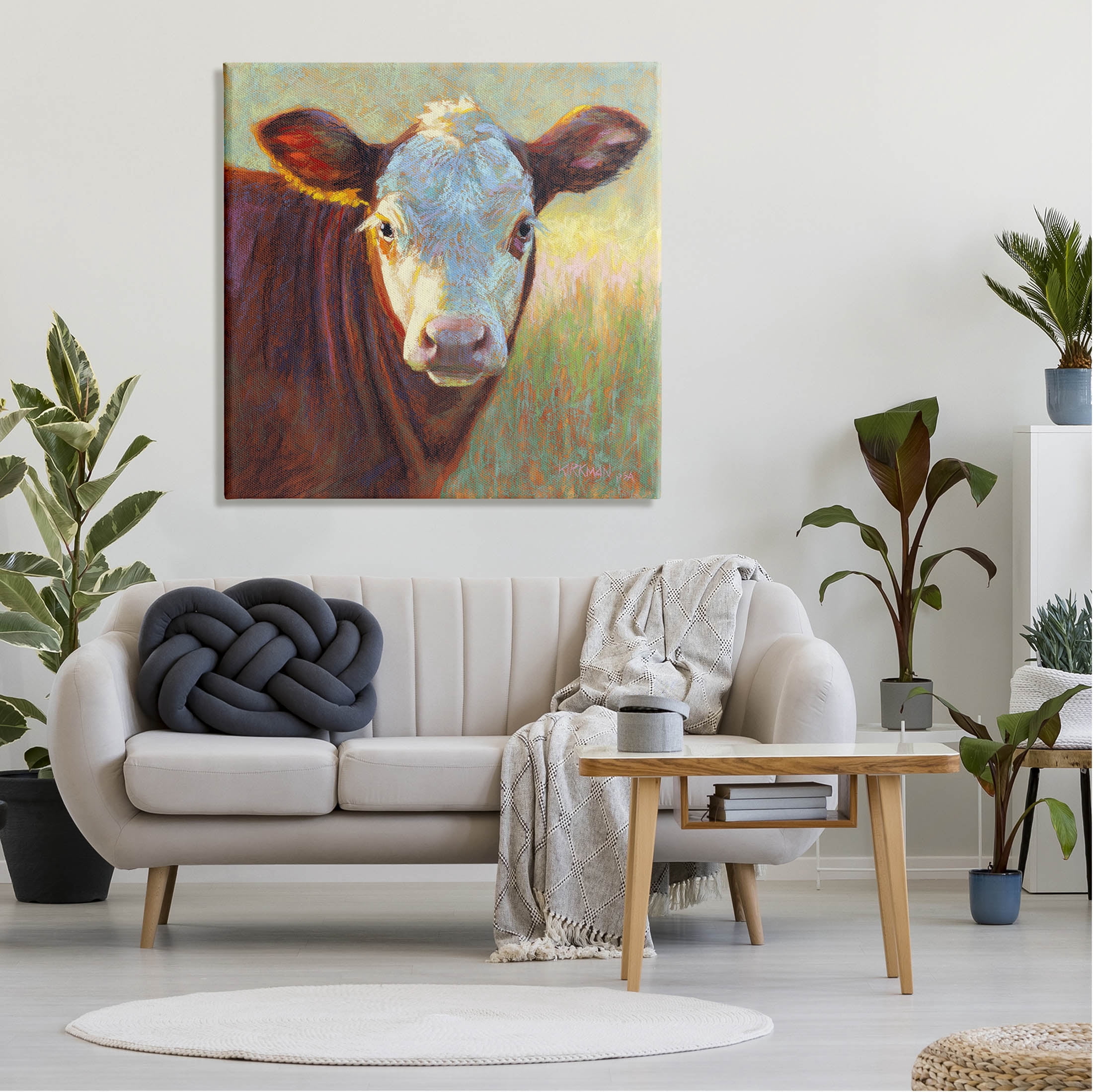 Brown Rural Wildlife Cattle Animals & Insects Painting Gallery Wrapped Canvas Print Wall Art