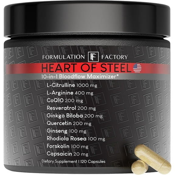 Formulation Factory Heart of Steel Blood Circulation Supplements, 10-in-1 Nitric Oxide Supplement with L-Citrulline & Resveratrol, 120 Capsules