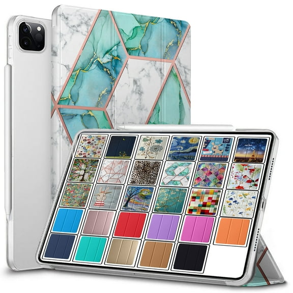 DuraSafe Cases iPad PRO 11 Inch 2 2020 3 2021 4 2022 [ PRO 11 2nd 3rd 4th ] MHMT3LL/A MHMU3LL/A MY332LL/A MY342LL/A Printed Slim PC Dual Angle Stand Clear Flip Back Cover - Marble Green