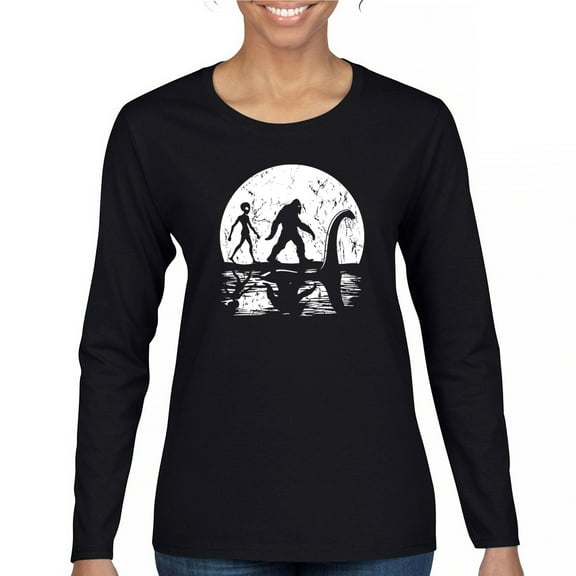 Alien Bigfoot Loch Ness Monster Moon Women's Long Sleeve T-shirt Funny Space UFO Hunter Sasquatch Yeti Dinosaur Nerd Believe