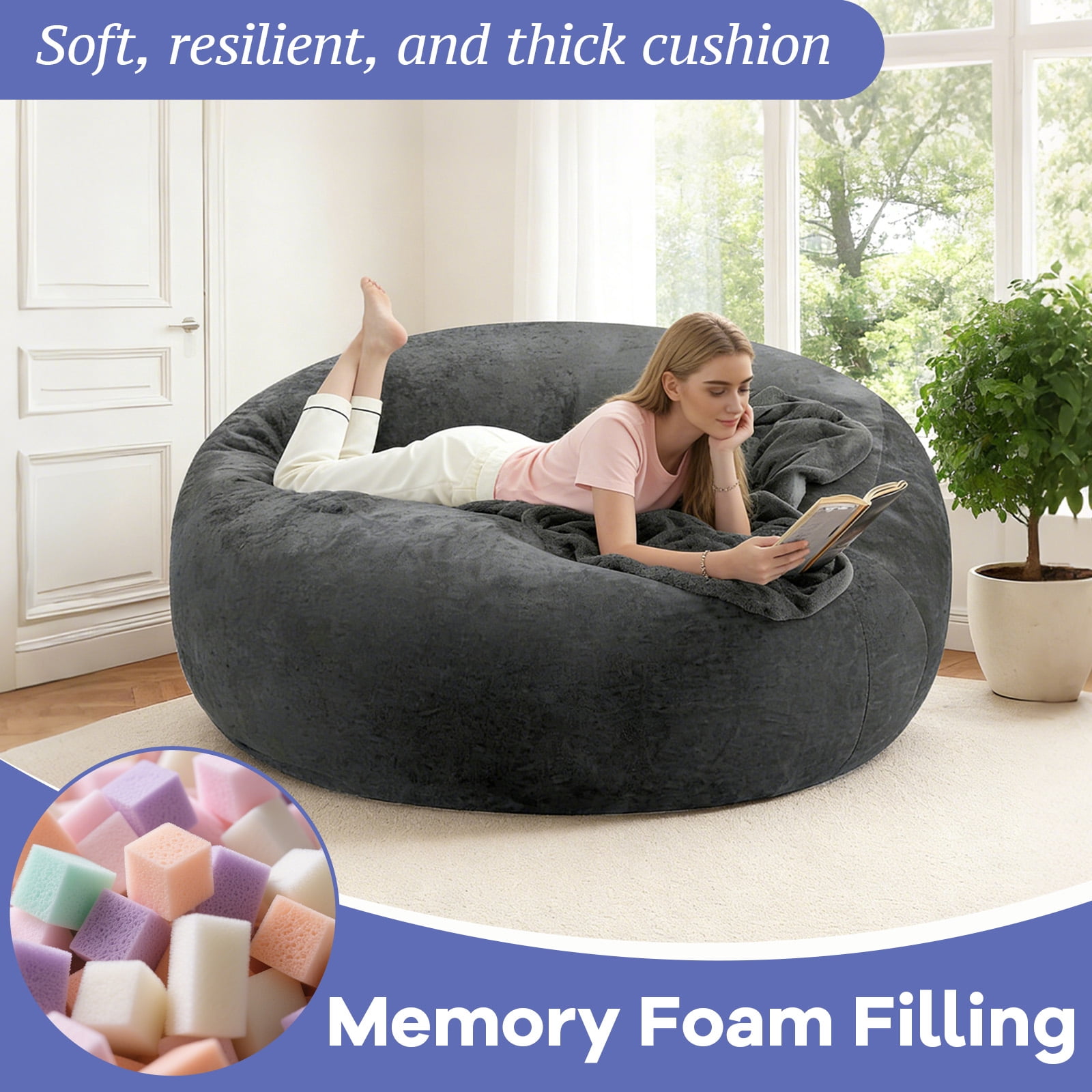 5FT Bean Bag Chair for Adults Teens, Dark Gray high-density foam Filled Soft Sofa, Removable Flannel Cover Round Couch for Living Room Bedroom Dorm