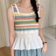 thumbnail image 4 of All-matching Knitted Sleeveless Vest for Women Crochet Tanks Top Rainbow Striped Crop Top Summer Square Neck Cami Tops brown, 4 of 4