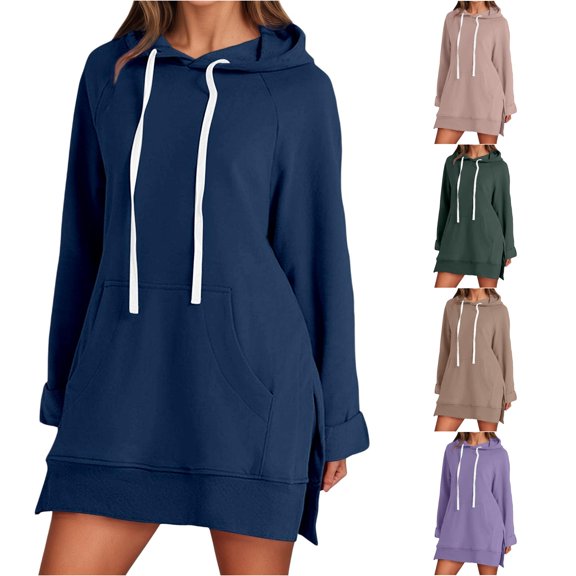 FYDUU Hoodies for Women Casual Hooded Sweatshirts Solid Color Long Sleeve Pullover Side Slit Tops with Pocket Fall Winter Clothes