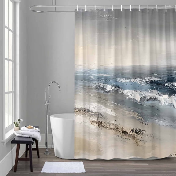 Modern Ocean Beach Wave Shower Curtain for Bathroom Decor, Abstract Oil Painting Style Waterproof Fabric Shower Curtain, 60"x72" Set with 12 Hooks