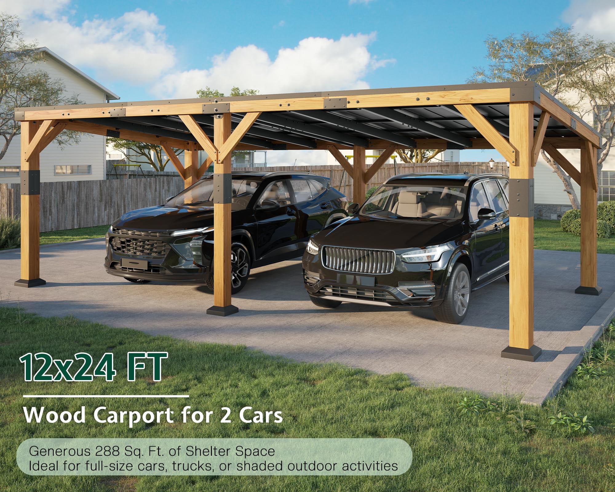 Jocisland 12x24x8.2 FT Cedar Wood Carport for 2 Cars, Heavy Duty Canopy Carport with Sloped Galvanized Steel Roof for All Weather