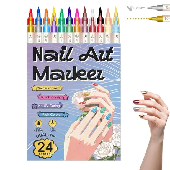12/24 Color Nail Doodle Pen, 0.5 MM Nail Polish Pens Set, Dual-Tip Nails Art Markers, Waterproof and Quick-dryingNail for DIY Nails Art Design Manicure Tools (24 Color)