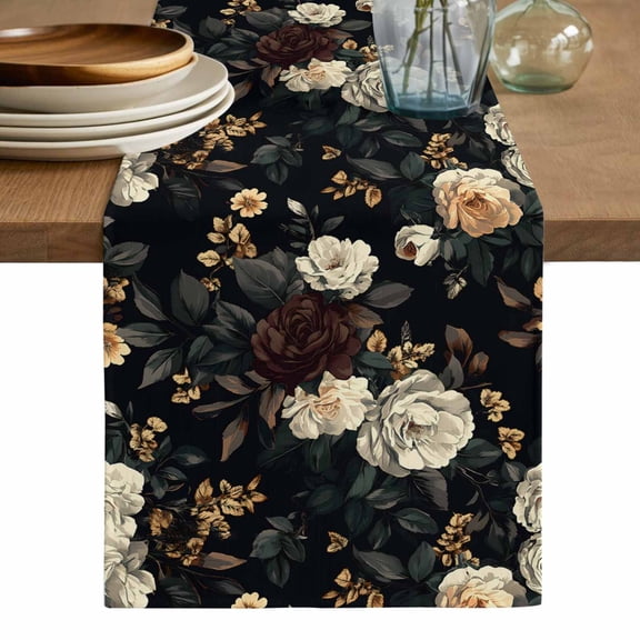 Vintage Black Floral Table Runner, Spring Seasonal Botanical Blooms Washable Cotton Linen Table Runners 90 Inches Long, Dresser Scarf Runner for Dining/Coffee/Kitchen/Hallway Tables 13''x90''