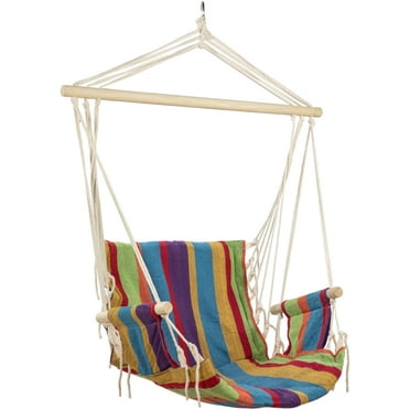 37" x 35" Multi-Colored Striped Pattern Hammock Chair with Padding and Wooden Armrests