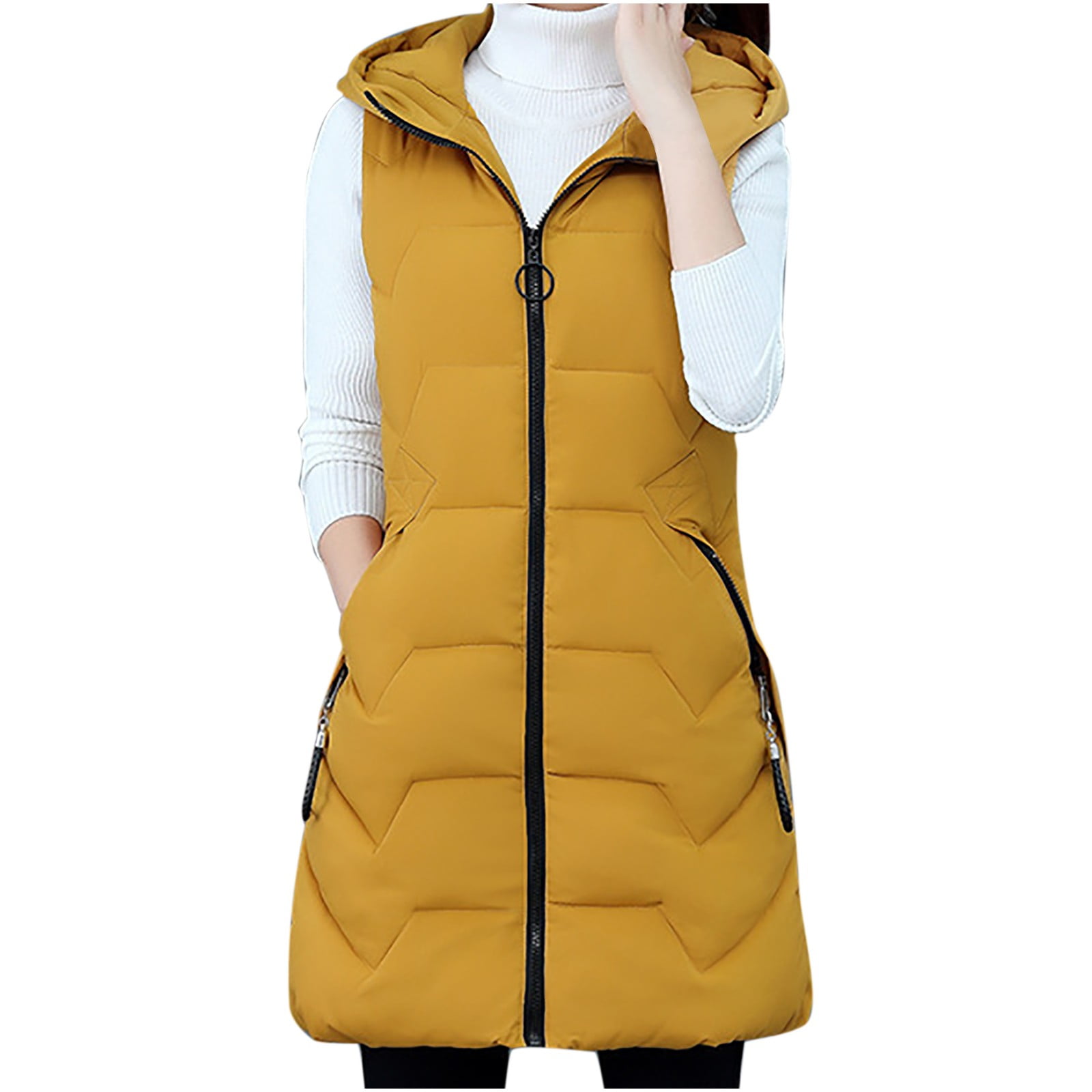 Quilted Puffer Vest for Women Full Zip Hooded Mid Length Down Jacket