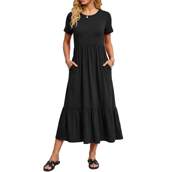 MLDRA Women’s Dress Short Sleeve Crewneck Maxi A line Tiered Flowy T Shirt Casual Long Dresses Beach Travel 2026 Summer Black L