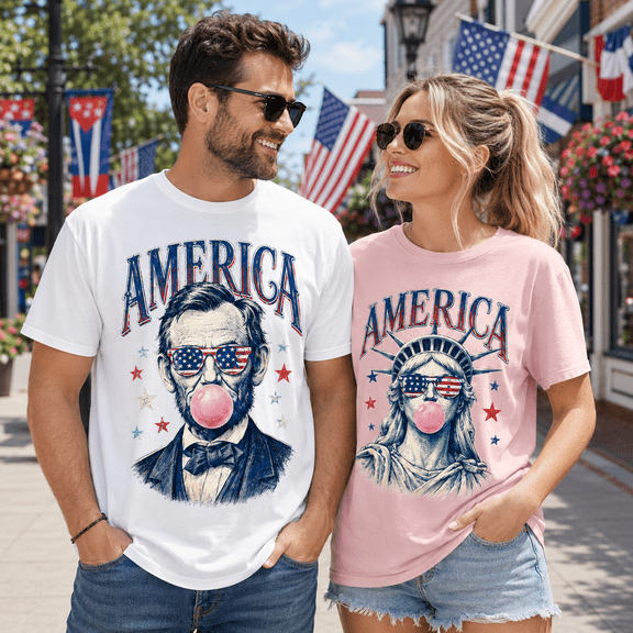 America Matching Couple Comfort Colors Shirts, Lincoln And Statue Of Liberty Bubble Gum Tee Set, Funny Patriotic 4th Of July Gift For Couples