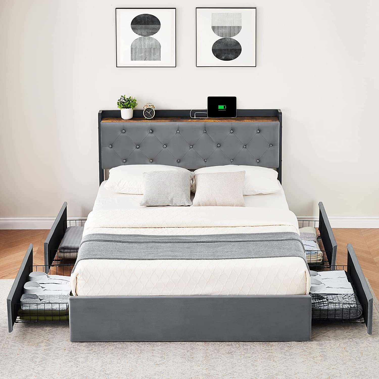 Juiluna Queen Bed Frame with 4 Storage Drawers and Charging Station,Grey Queen Upholstered Bed Frame with Storage Headboard No Box Spring Needed Noise-Free (Queen)