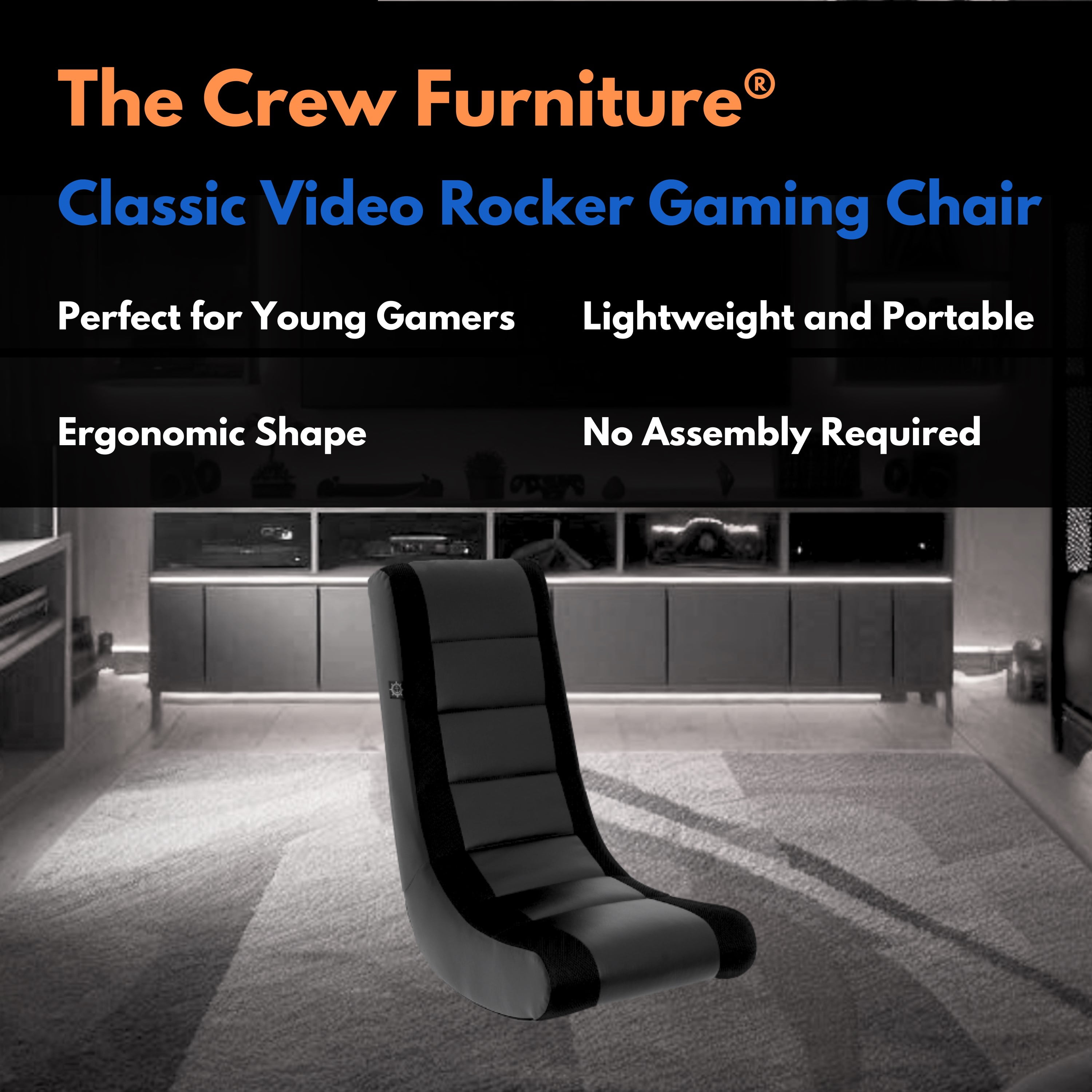 The Crew Furniture Classic Video Rocker Floor Gaming Chair, Kids and Teens, PU Faux Leather & Polyester Mesh, Black/Black