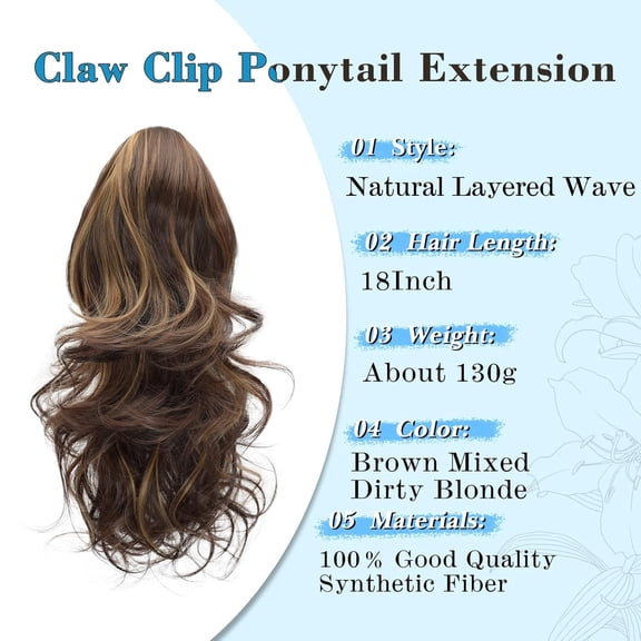 WEIF-Claw Clip Ponytail Extension Brown 18" Long Wavy Ponytail Clip in Hair Extensions for Women Curly Natural Layered Pony Tails for Short Thin Hair Synthetic Hairpiece(Brown Mixed Dirty Blonde)