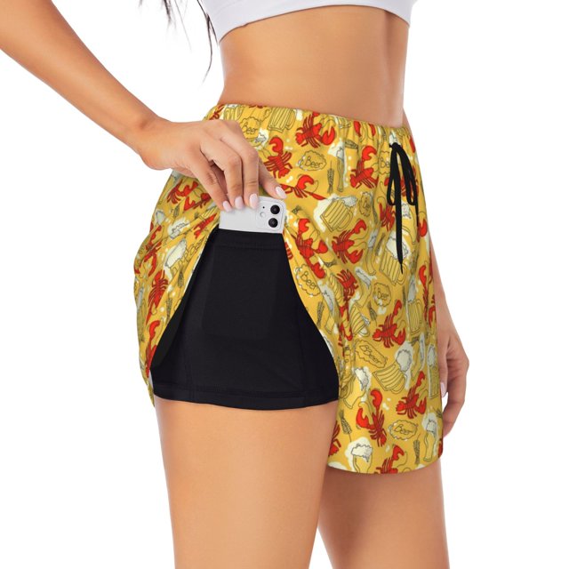Balery Beer And Crawfish Pantalones cortos deportivos para mujer con forro y dos bolsillos, elásticos, para entrenamiento, gimnasio, yoga-Large
