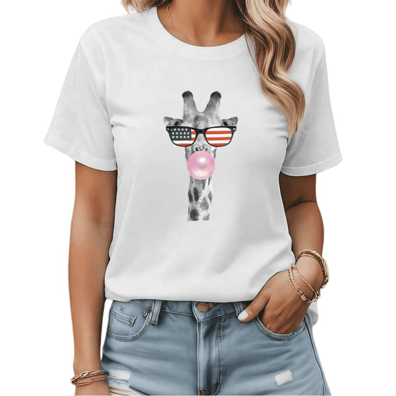 Cute Giraffe American Flag Sunglasses Bubble Gum Graphic Tees Womans T-shirt Tops Black/White S-5XL