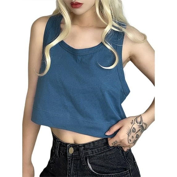 Blotona Womens Vest Top Solid Color Sleeveless Wide Shoulder Straps U-Neck Loose Comfortable Breathable Short Top
