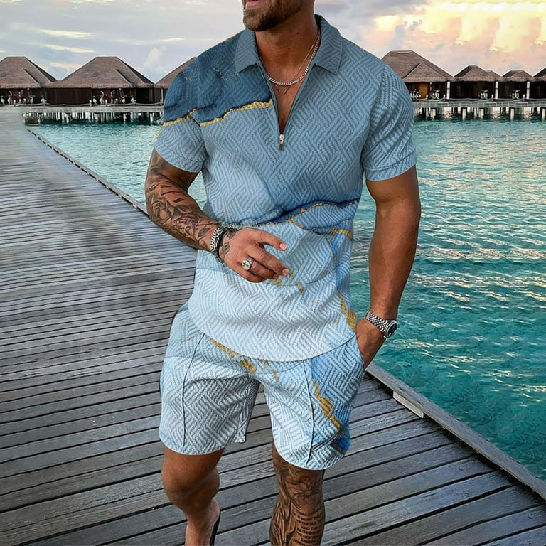 Akiihool Short Sets Men Men's 2 Piece Short Set Cuban Button Down Shirt  Casual Short Beach Outfits Set (Light Blue,XL)