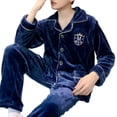 thumbnail image 5 of comerut 2 Pcs/Set Men Winter Pajamas Set Lapel Thick Buttons Single-breasted Loose Elastic Waist Warm Soft Pockets Wide Leg Solid Color Men Homewear Top Pants Set, 5 of 8