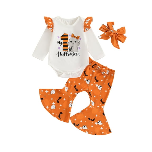 Michellecmm Baby Girl Halloween Outfits Romper Bow Bell Bottoms Headband Set