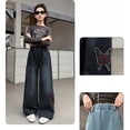 thumbnail image 5 of YunPes Girls Wide Leg Jeans Butterfly Embroidered Aesthetic Denim Pants High Elastic Waist Patchwork Jeans Y2K Cute Preppy Trousers, 5 of 6