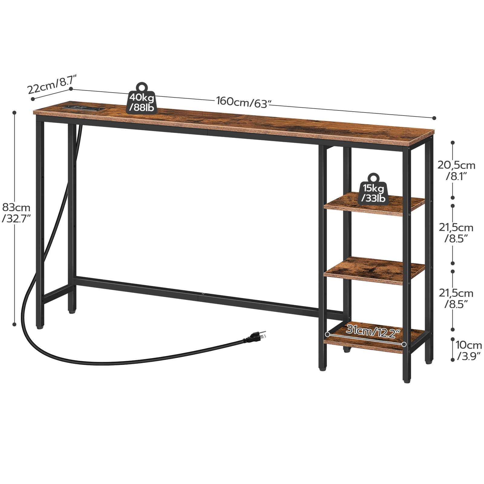 HOOBRO Console Table with Power Outlet, 63" Behind Sofa Table with Shelves, Narrow Entryway Table with Storage, Couch Table for Living Room, Hallway, Rustic Brown and Black BF164UXG01