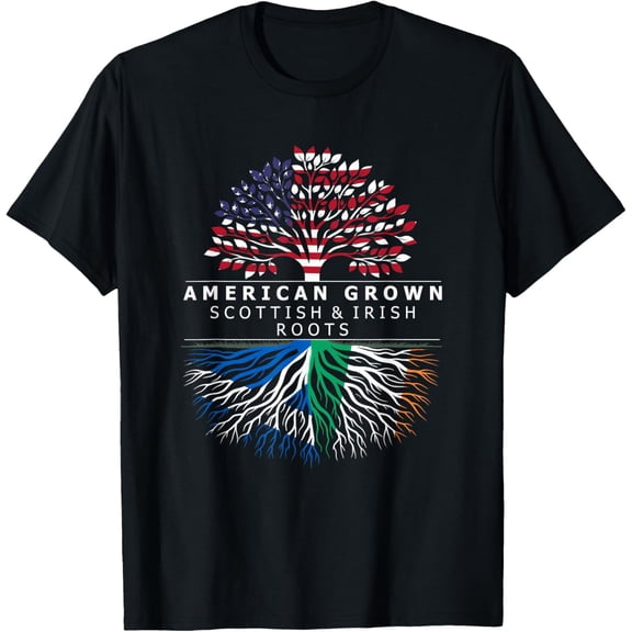 American Grown with Flag Heritage Scottish Irish Roots T-ShirtMen's and women's gift, black and white T-shirt, size: Extra large S-4XL