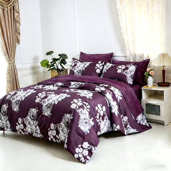 Flymme Queen Size Purple Floral Comforter Set with Sheets,7-Piece Bed in a Bag Queen Elegant White & Grey Botanical Print Bedding Set for Women Bedroom Decor