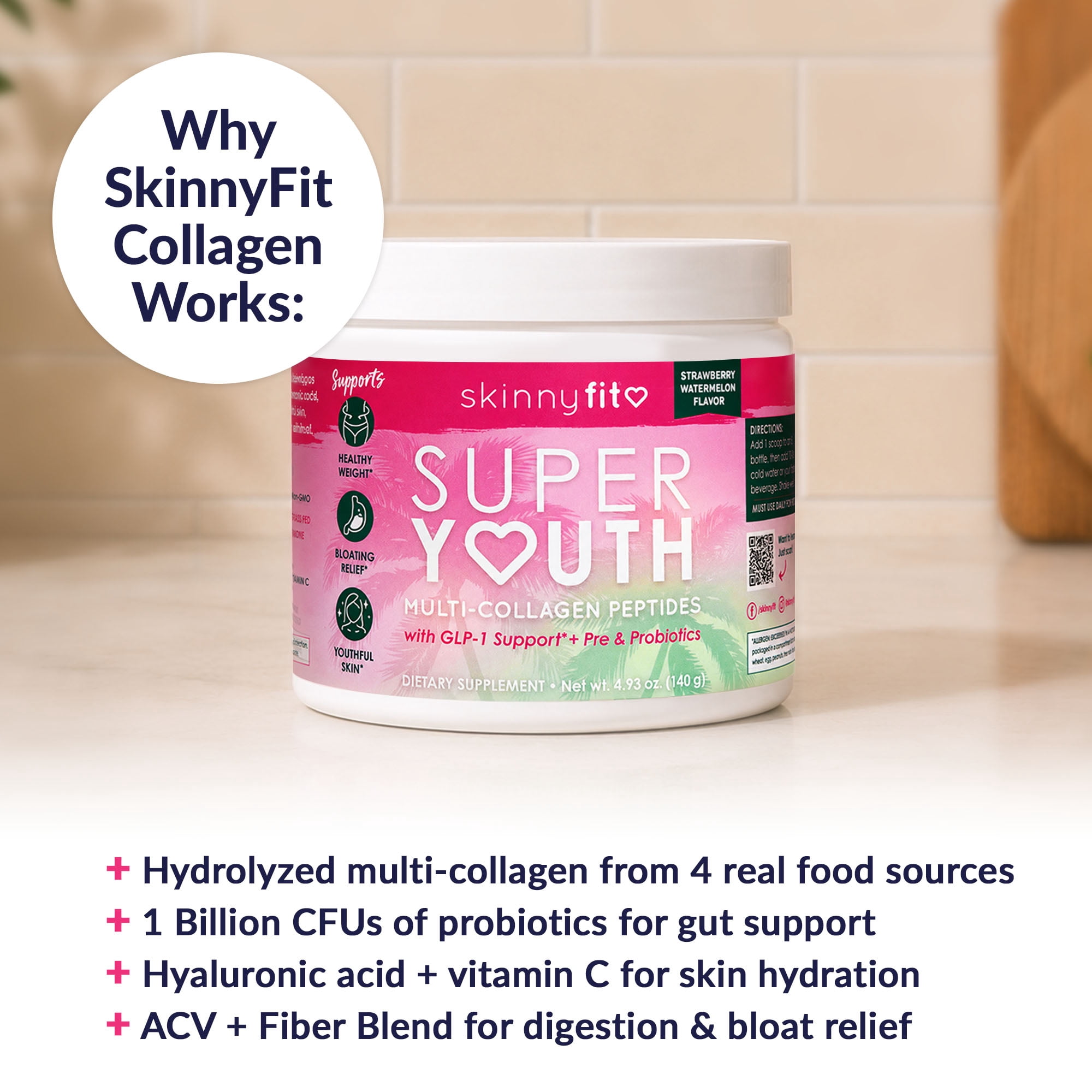 SkinnyFit Super Youth Multi-Collagen Peptides Powder for Skin & Joint Health, Strawberry Watermelon Flavor, 14 Servings