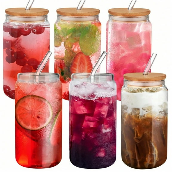 18.5Oz 6 Pcs Set Drinking Glasses With Lids And Glass Straw, Reusable, Leak-Proof, Round Glassware Set For DIY Beverages, Ice Coffee - Ideal For Mother's Day, Easter Day, Valentine'S Day Gifts,White