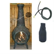 Angle View: QBC Bundled Blue Rooster Grape Chiminea with Natural Gas Kit, Free Cover and 10 ft Gas Line Antique Green Color - Plus Free EGuide
