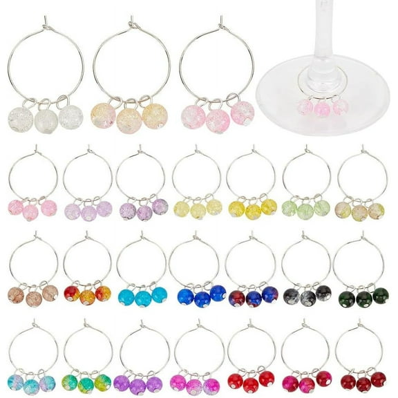 48 Pcs 24 Colors Round Beads Wine Glass Charms Transparent Wine Glass Markers Brass Drink Identifier Wine Drinker Gift for Wine Tasting Party Favors Wedding Holiday Birthday
