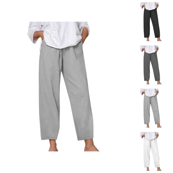 Women Pants Wide Leg Pants Women's Casual Pants Solid Color Loose Comfort Linen Drawstring Elastic Waist Pocket Straight Leg Trousers for Everyday Use