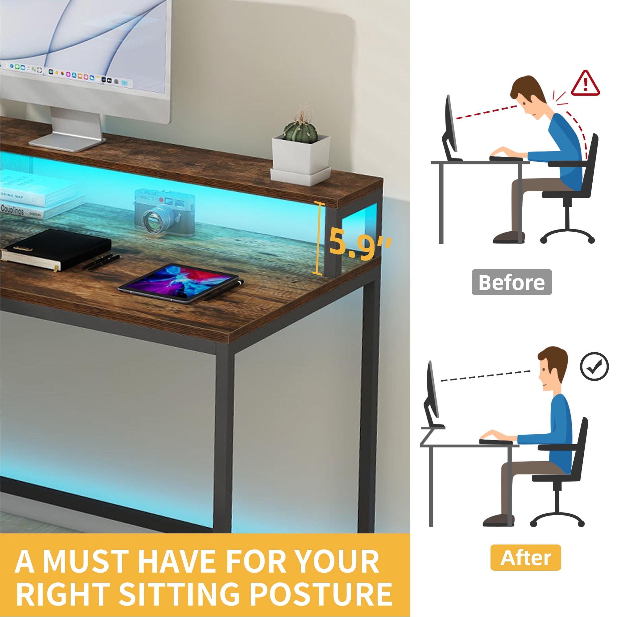 Uforic L-Shaped Desk with Power Outlets& LED Lights, Corner Computer Desk for Home Office, Brown