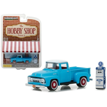 1954 Ford F-100 Pickup Truck Blue with Vintage Ford Motor Company Gas Pump 1/64 Diecast Model Car by (Best Ford Motor To Build)