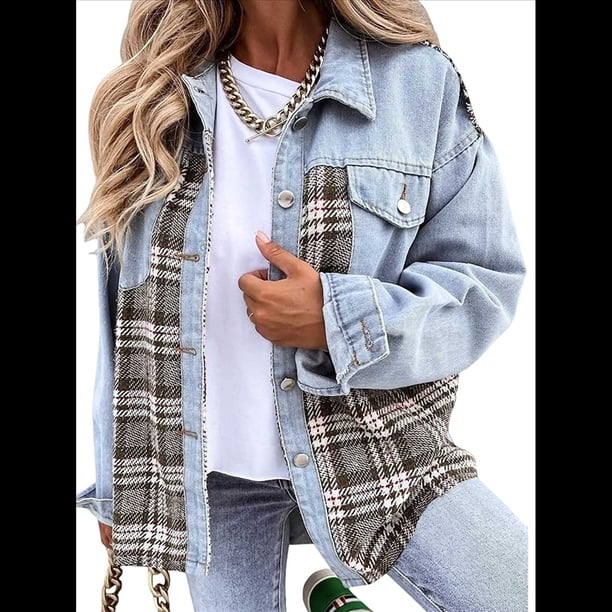 Chaqueta Vaquera Estilo Boyfriend, Informal, de Larga, con Botones y Bolsillos, para Mujer Azul M