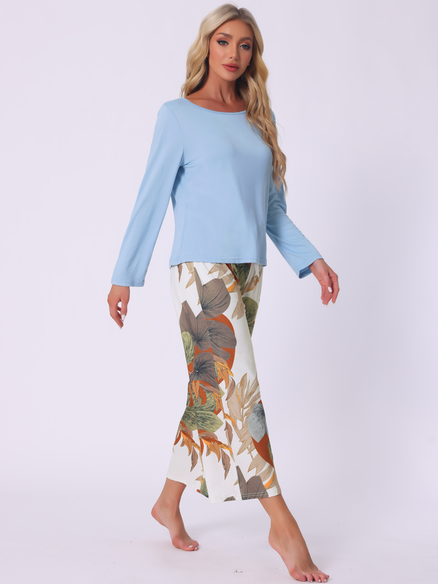 DARING DIVA Long Sleeve Floral Capri Soft Strechy Pajama Sets 2 Pieces S Blue