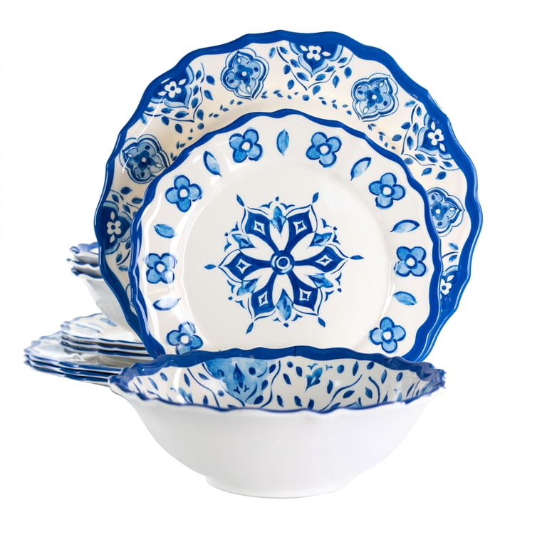 Elama Blue Garden 12-Piece Melamine Dinnerware Set, Blue photo 1